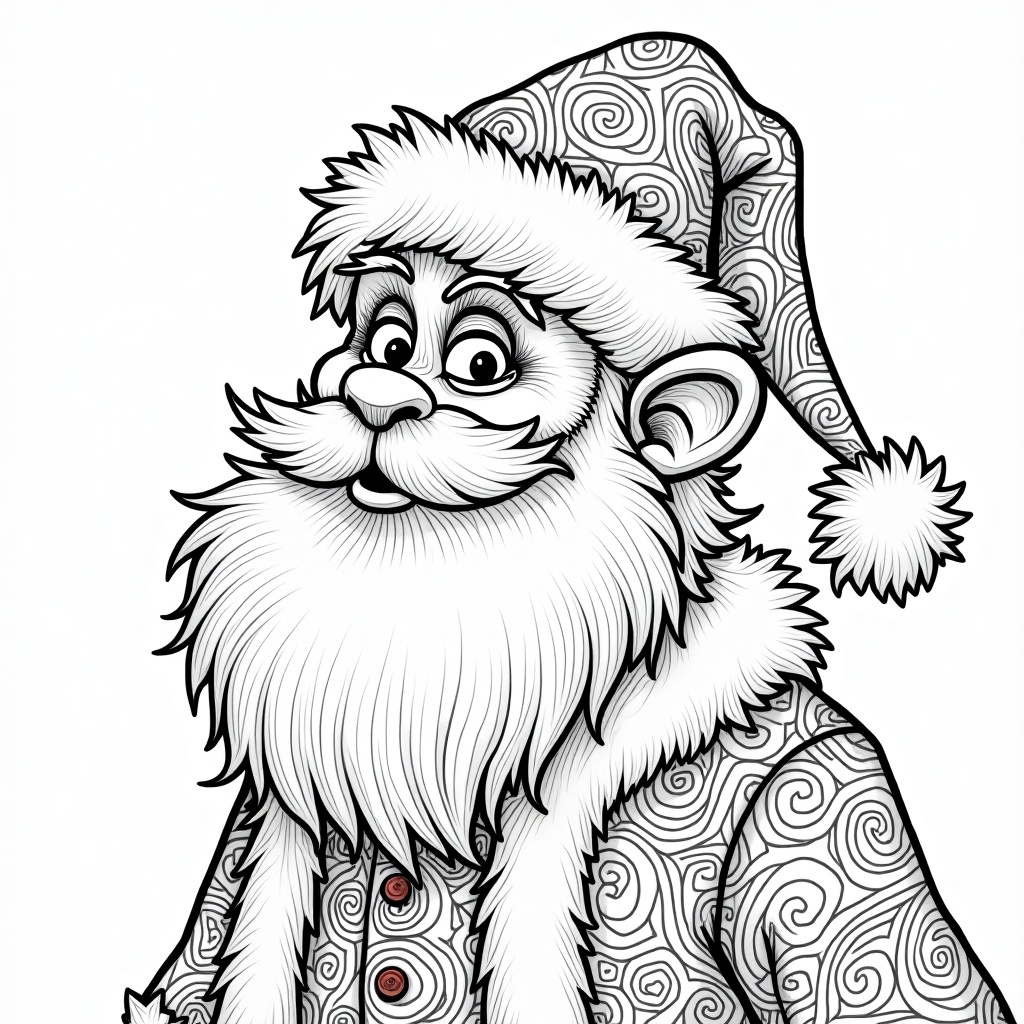 A detailed illustration of Santa as a Whoville character from the Grinch movie. The image has a coloring outline style featuring intricate patterns.