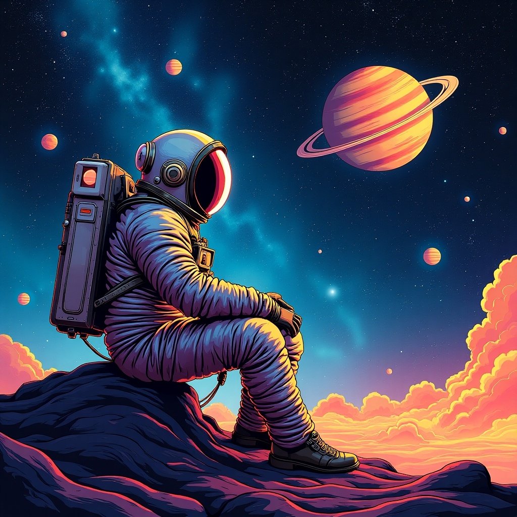 Artwork depicts an astronaut gazing into space. Colorful nebulas and planets fill the background. Dominant colors are blue and orange, giving a vibrant feel. Style is reminiscent of 70s manga. Evokes feelings of wonder and adventure in the cosmos.