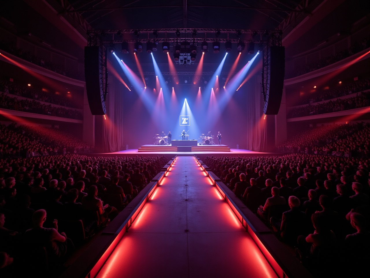 The image showcases a vibrant concert scene at Madison Square Garden featuring Roddy Rich. The performance stage is highlighted with an impressive T-shaped runway, creating a focal point for the musicians. A large audience fills the venue, captivated by the live performance. Dramatic lighting sets the atmosphere, with beams of color sweeping across the stage and crowd. This aerial view from a drone captures the grandeur of the event, emphasizing the scale and energy of the concert.