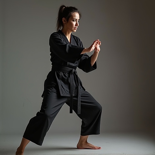 Image features mature woman in karate outfit. She demonstrates an attack stance showing her sole. Background is soft and neutral. Lighting highlights the subject.