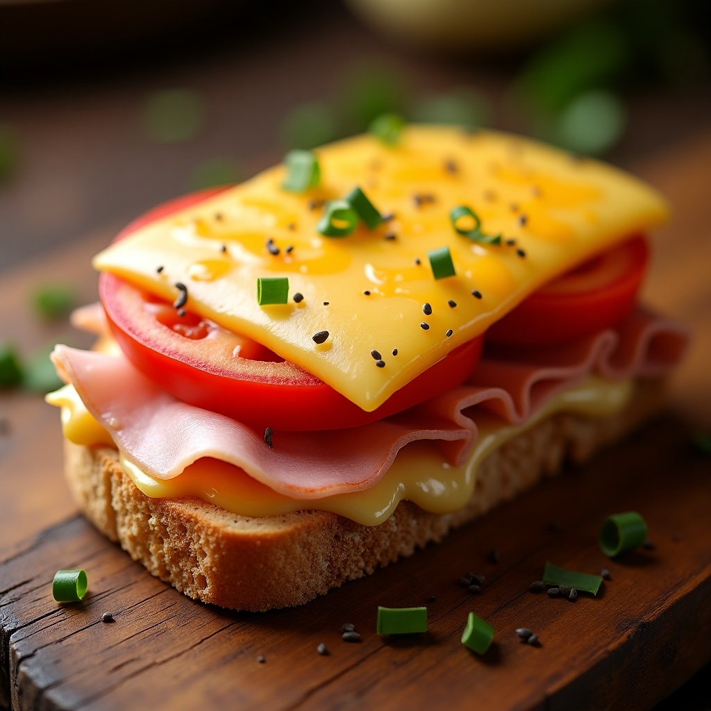 This image showcases a delectable ham and cheese toast featuring layers of creamy cheese and succulent ham. Fresh slices of green iceberg tomato are placed atop the sandwich, enhancing its appeal with a pop of red. The toast is artfully garnished with chopped green chives, adding a fresh crunch to the dish. The lighting highlights the meltiness of the cheese alongside the freshness of the vegetables. This ultra-realistic depiction invites viewers to savor the delicious texture and vibrant colors of this meal.