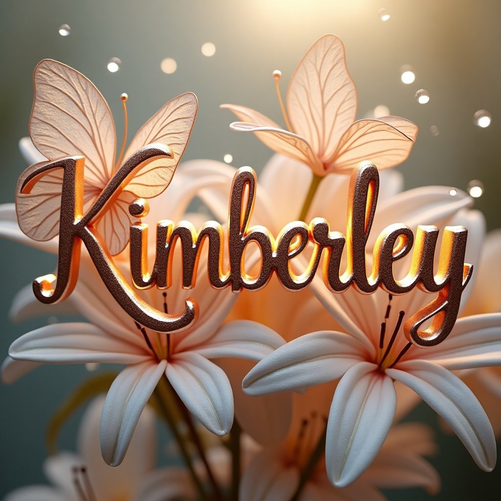 Rose gold butterflies accompany white lilies with dew drops. The name Kimberley appears in a large glowing metallic font. A subtle reflection effect enhances the design.