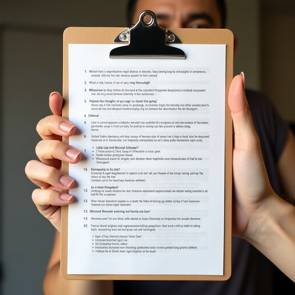 Hand holding clipboard. Clipboard has text that appears jumbled. Bright lighting and close-up perspective.