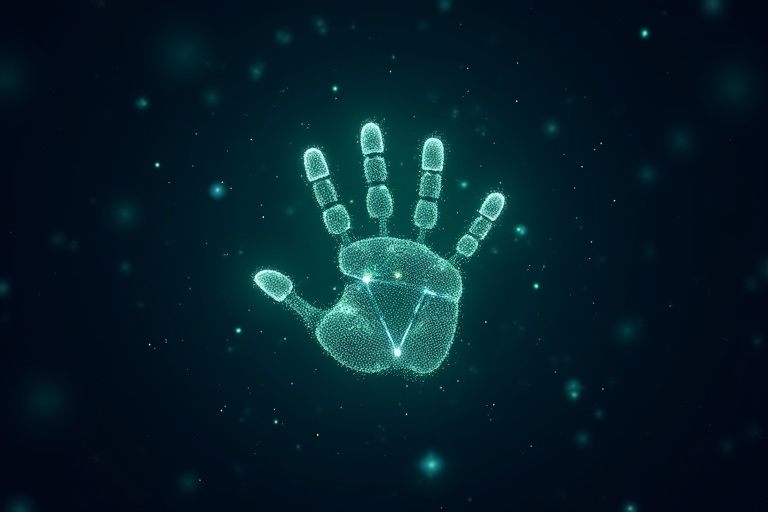 A dark blue starry background features a glowing handprint made of digital dots in green and blue hues. The handprint is surrounded by a network of interconnected nodes. Subtle light trails connect these nodes.