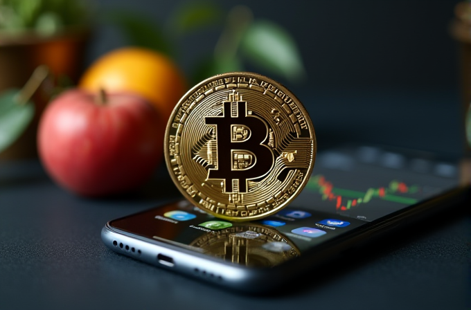 A Bitcoin stands on a smartphone displaying a market graph, with apples in the background.