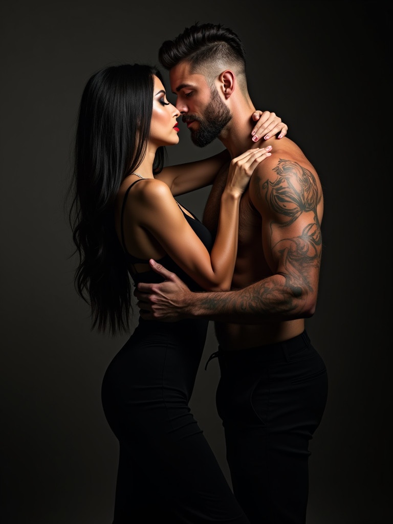 A couple embracing in a close gesture. Woman with long dark hair and dramatic makeup. Man with rugged appearance and short hair. Both in elegant black attire. The moment suggests intimacy and sophistication.