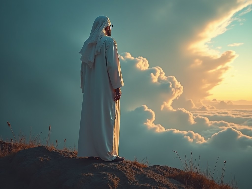 The image shows a Muslim man in traditional attire standing on the edge of a mountain. He gazes into the dramatic sky, which is filled with vibrant colors as the sun sets. The clouds are fluffy and illuminated, creating a serene and inspirational atmosphere. The man's pose suggests contemplation and waiting, symbolizing hope and longing. The landscape around him is rugged yet beautiful, enhancing the sense of isolation and tranquility.