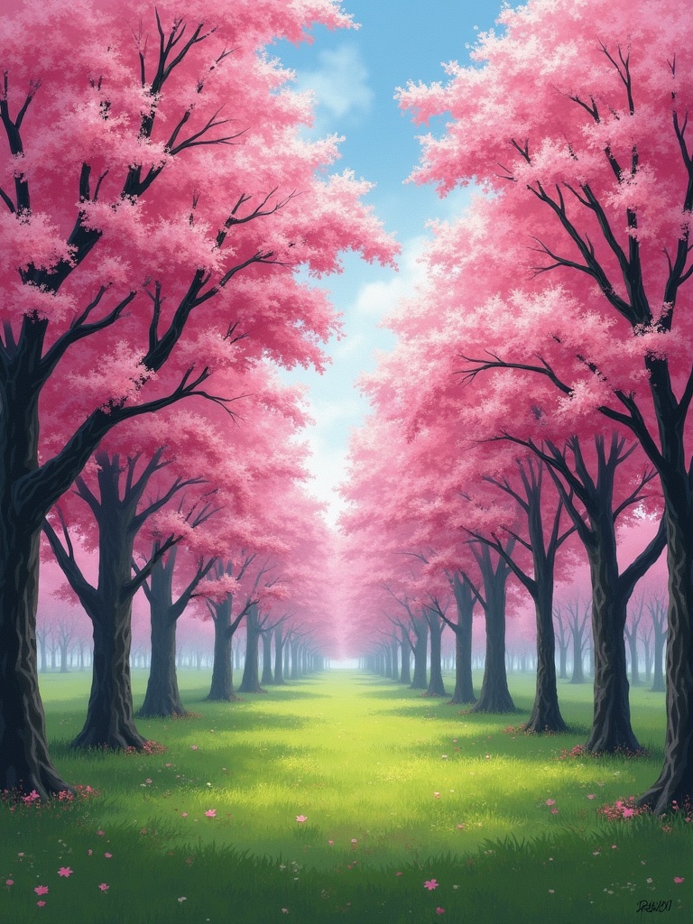 Sakura trees with pink flowers on both sides of a green grassy path. Clear blue sky with a few clouds at the top.