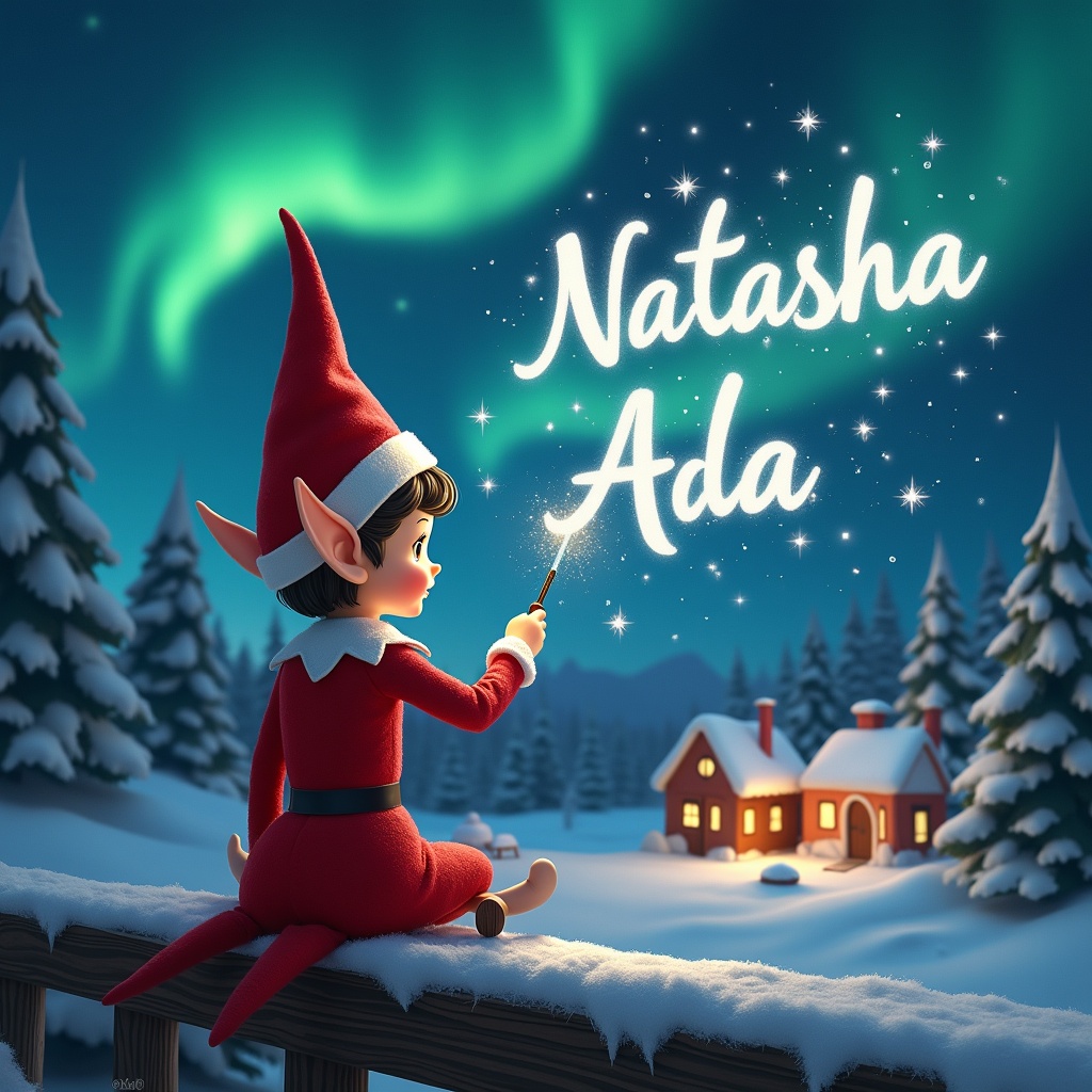 In this enchanting illustration, an elf sits on a wooden ledge, its back facing the viewer. Dressed in a vibrant red outfit with a pointed hat, the elf holds a wand that emits sparkling magic. It writes the names ‘Natasha’ and ‘Ada’ in the starry night sky. Behind the elf lies a picturesque snowy landscape, dotted with charming houses and clad in evergreen trees, all illuminated by the shimmering hues of the Northern Lights. This joyful scene embodies the magic of childhood and the festive spirit of Christmas.