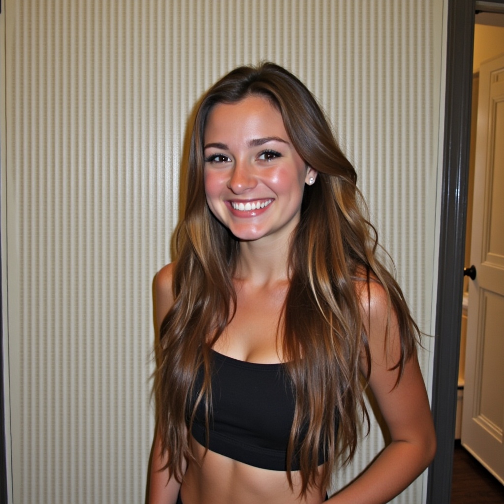 A young woman wearing a black top smiling in a well-lit setting with a neutral background.