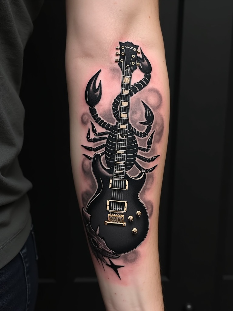 Tattoo on arm features a scorpion intertwined with an electric guitar. Scorpion in black ink highlights its features. Guitar has intricate markings including a star design. Background shows a smoky effect enhancing the tattoo's aesthetic. Contrast between black and grey tones is striking.