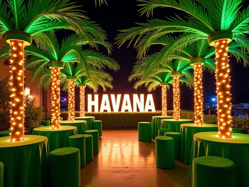 The scene showcases a vibrant tropical party setting. Tall artificial palm trees lined with lights create a festive atmosphere. In the center, striking letters spell out 'HAVANA', illuminated in bright light. Cocktail tables draped in green linens add to the tropical feel. Leaf-printed cloths enhance the tables, making the event visually engaging. This setup invites guests to enjoy a lively celebration.