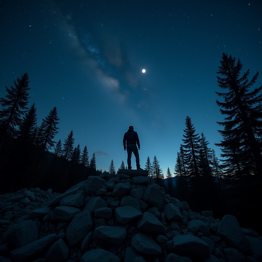 A person stands on a rock pile under a starry sky and trees, gazing at the night sky.