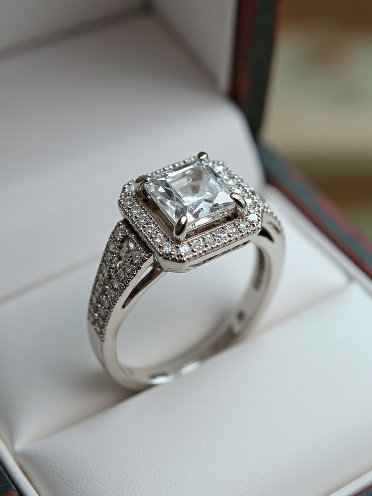 Close view of an elegant diamond engagement ring. The ring features a large square diamond surrounded by smaller diamonds on the band. It is set on a soft cushion inside a jewelry box. The ring reflects light beautifully.