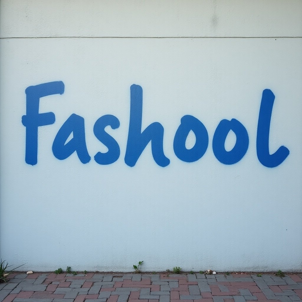 Large light grey wall with spray-painted word in blue color. Wall belongs to a school.