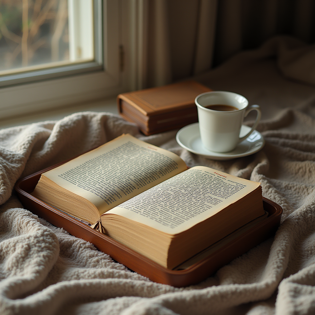 An open book on a fluffy blanket with a cup of coffee by a window.