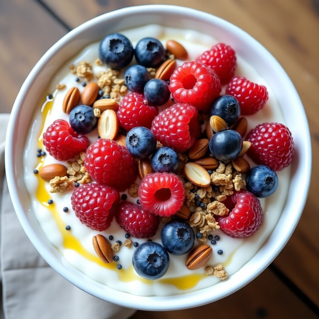 Yogurt bowl filled with raspberries blueberries and hazelnuts. Topped with granola chia seeds and a drizzle of honey.