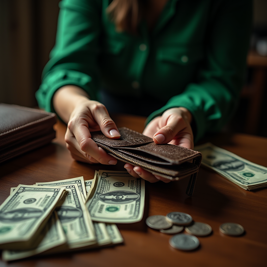 A person in a green shirt holds a brown leather wallet over a wooden table scattered with US dollar bills and coins.