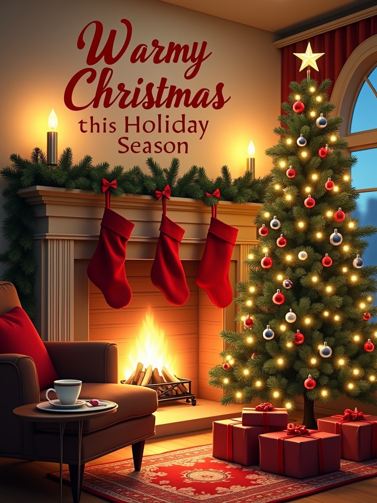 A cozy living room features a crackling fireplace. Stockings hanging on the mantle. A beautifully decorated Christmas tree nearby. Ornaments shimmer in firelight. Wrapped gifts under the tree. A cup of hot cocoa on a small table beside an armchair. Words 'Warm Wishes this Holiday Season' in elegant red script at the top.