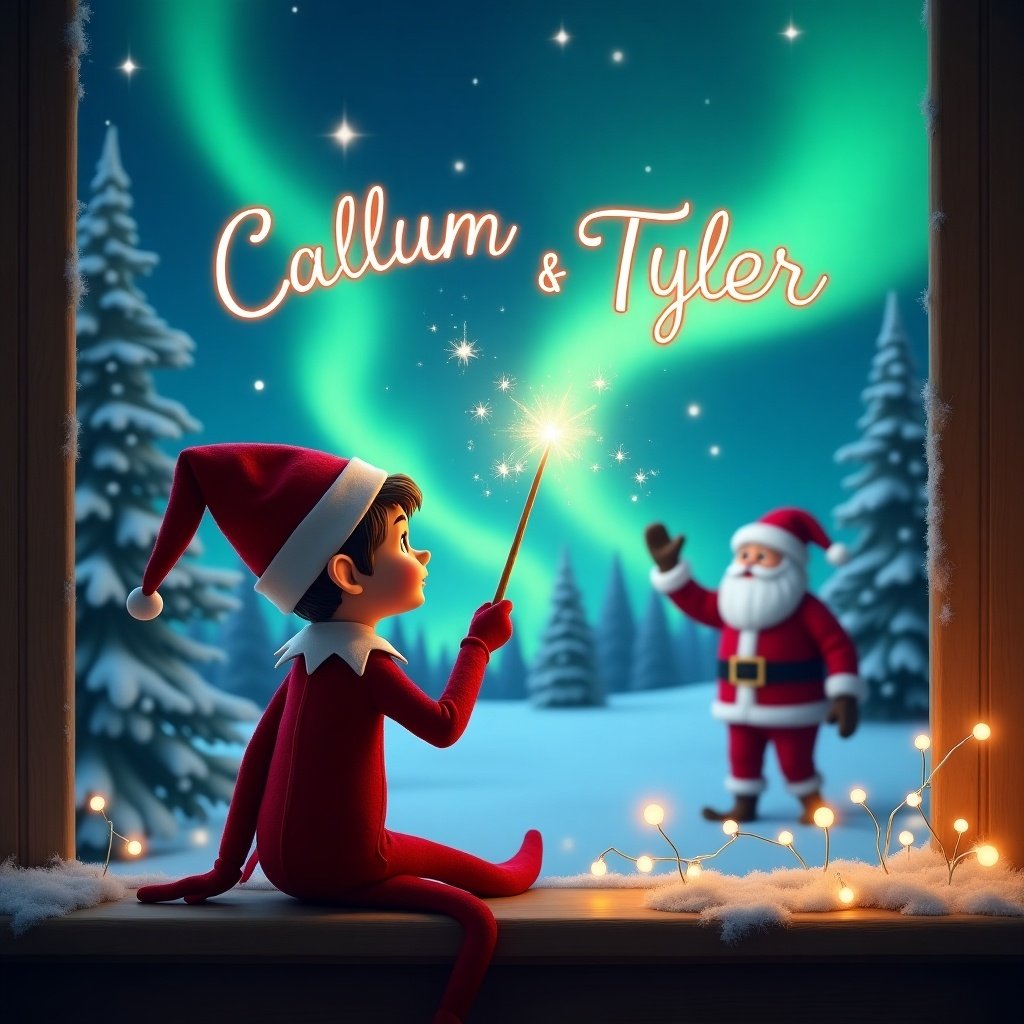 Elf character with back turned, writing in the sky. Background features northern lights and Santa. Names Callum and Tyler appear in the sky. Magic wand in hand.