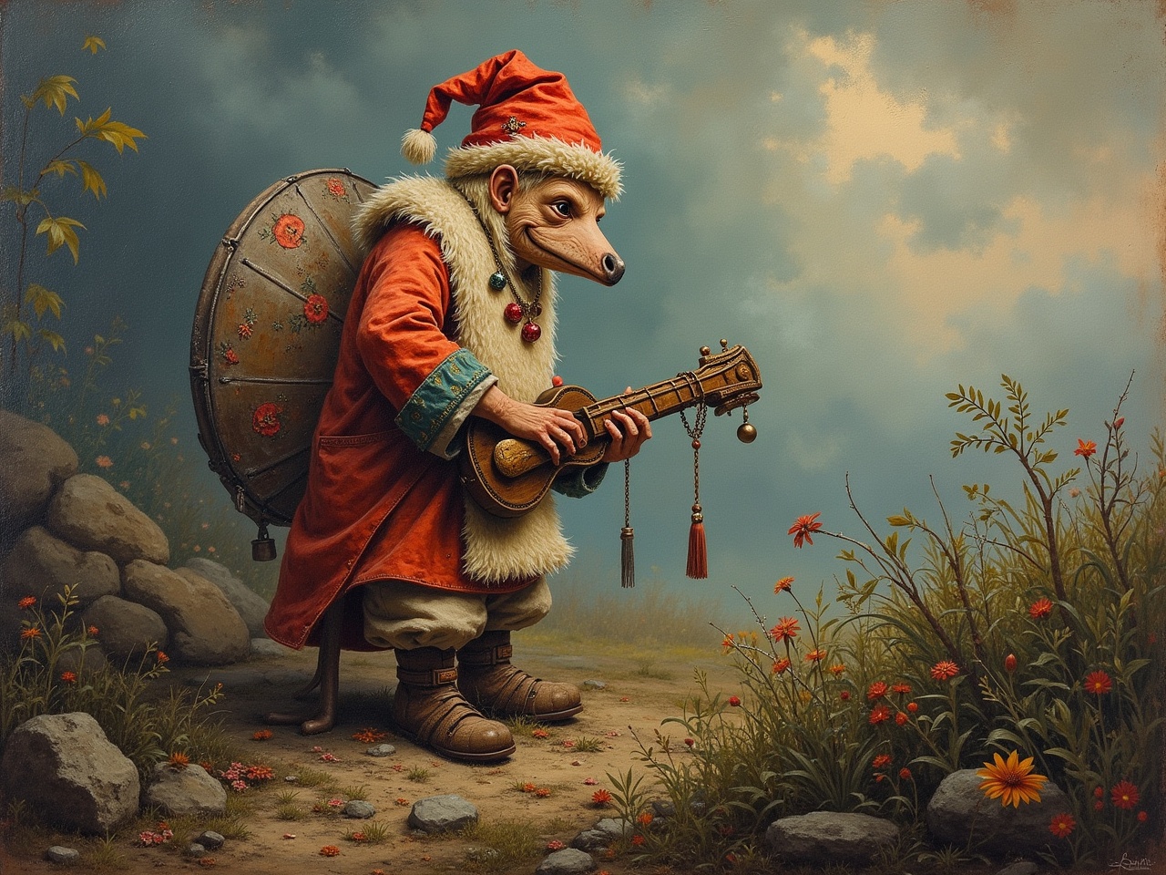 The image features a whimsical anthropomorphic character resembling a marsupial. This character is dressed in an elaborate orange coat trimmed with fur and a festive red hat. The individual strums a lute, exuding a cheerful and artistic vibe. Surrounding the character are lush flowers and rocks, portraying a serene natural environment. The overall atmosphere is enchanting, inviting viewers into a story-filled world.