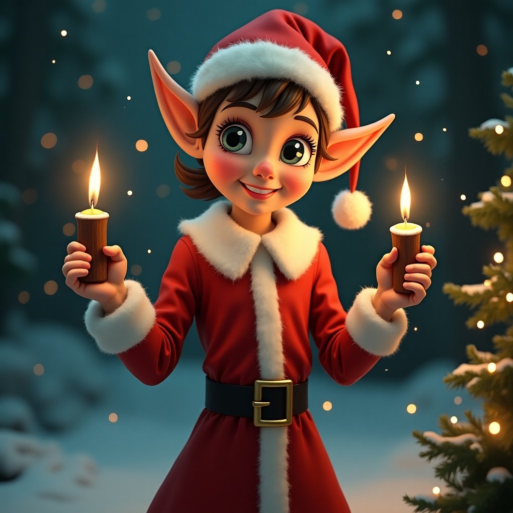 Magical Christmas elf with a cheerful expression. Elf wears a red outfit and a white fur trim. Elf holds two candles in hands. Snowy background with sparkle effects around. Brightly lit scene with a festive atmosphere.