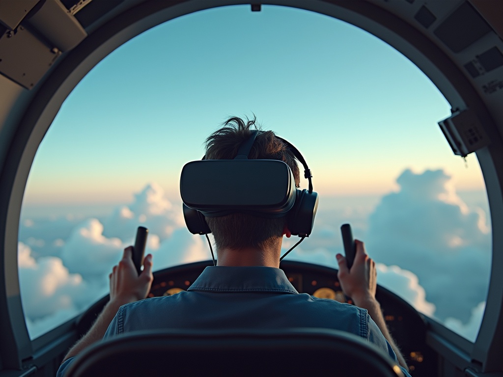 Cinematic landscape shows a pilot wearing VR headset. Background includes detailed cockpit view with open skies visible. Pilot holds hand controllers while looking straight out at the viewer. Scene depicts the flight experience from behind the pilot looking into the distance.