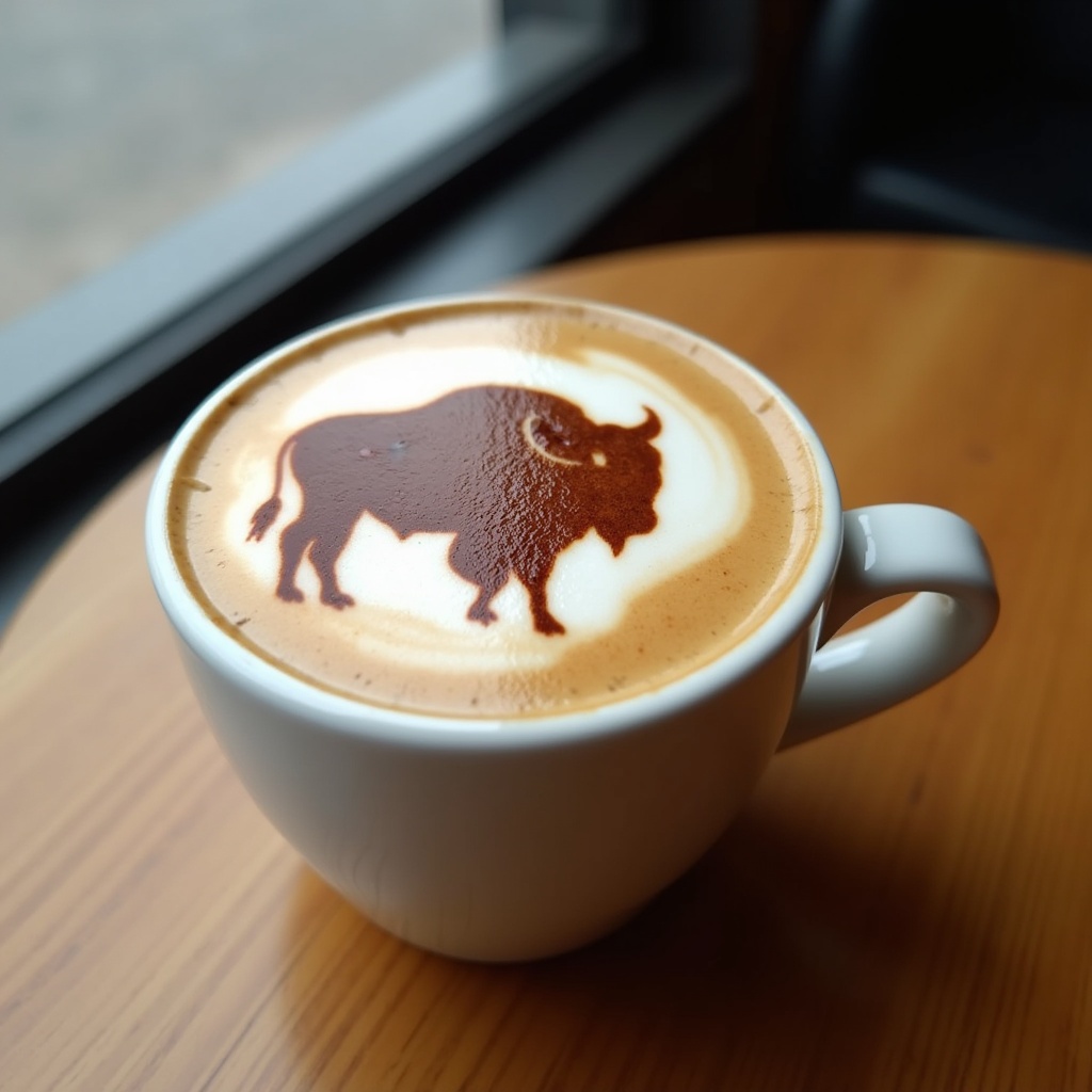 A close-up view of a cup of coffee placed on a wooden table. The coffee features intricate latte art in the shape of a buffalo, showcasing the barista's skill. The scene is illuminated by natural light streaming in from a large window. The warm brown tones of the coffee and the wooden table create an inviting atmosphere. This image captures both the artistry of coffee-making and a cozy cafe setting.