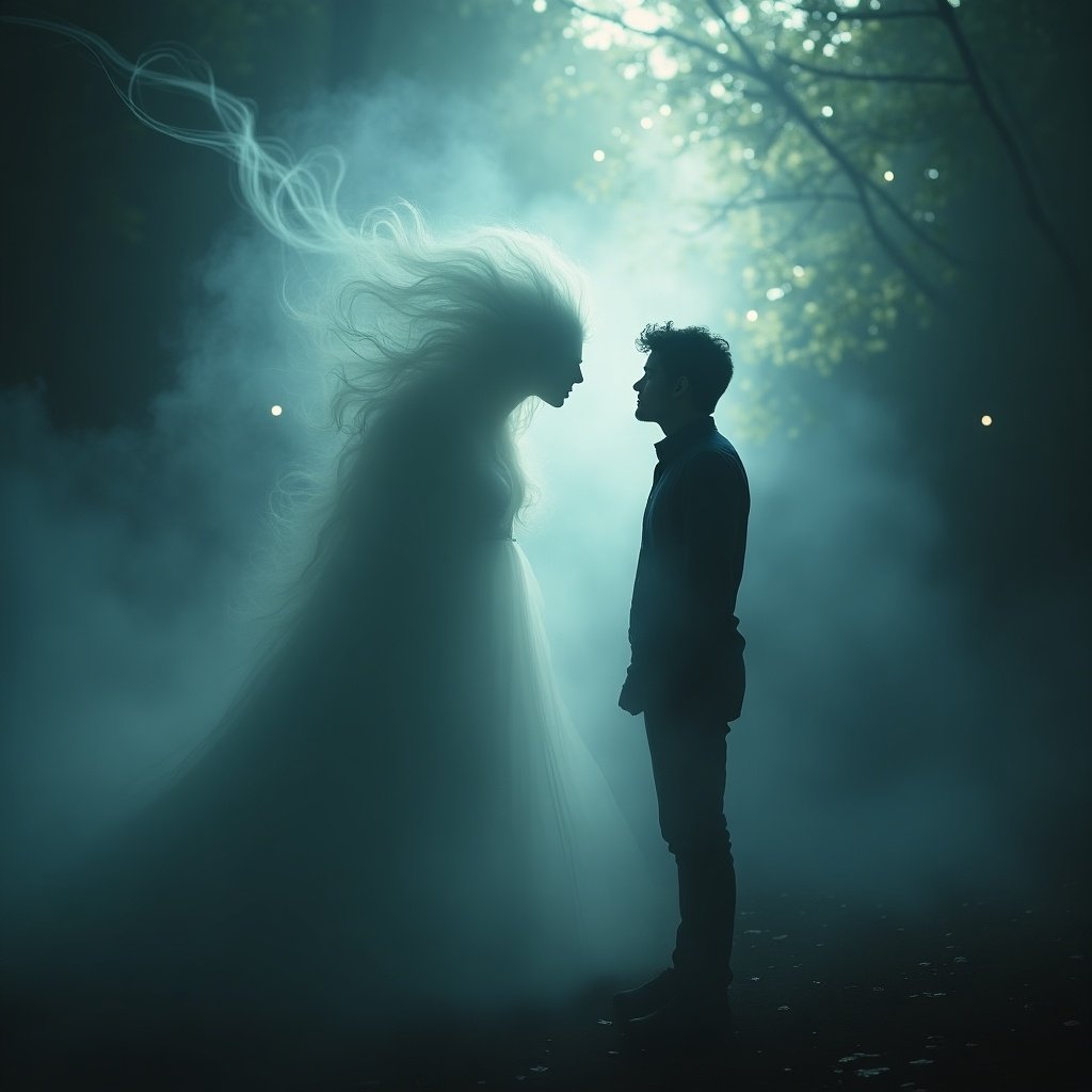 A spirit composed of gas interacts with a silhouetted figure. The setting is a foggy forest with soft light filtering through the trees. The spirit appears ethereal and wispy. The figure stands still, creating a moment of connection.