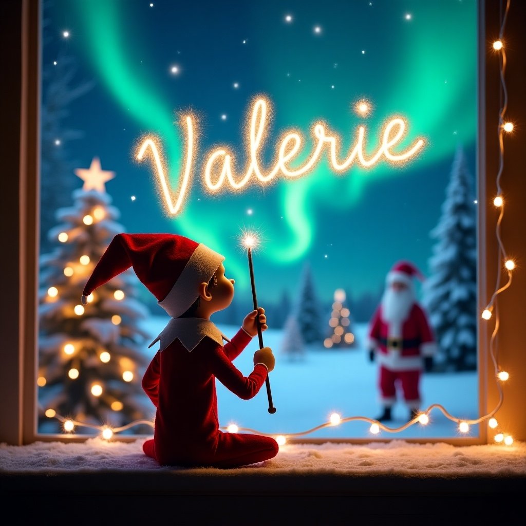 An elf on the shelf writes 'Valerie' in the night sky using a wand. The background has northern lights and Santa Claus in the distance with snow-covered trees.