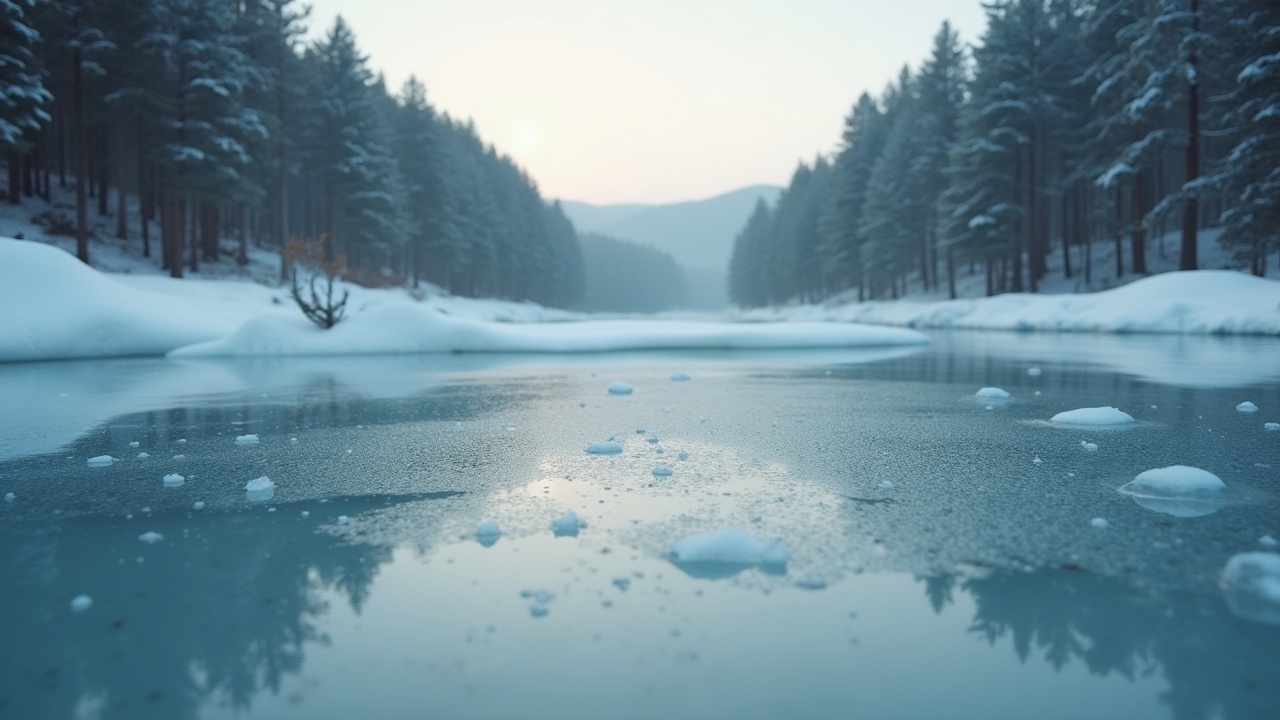 This image captures a serene winter landscape featuring a partially frozen river. The scene is set early in the morning with soft natural light illuminating the surroundings. Snow-covered trees line the banks of the river, creating a peaceful and quiet atmosphere. The surface of the river has thin ice, adding texture and details to the composition. Reflections of the trees and the icy surface enhance the beauty of the scene. Overall, it's a cinematic portrayal of nature in winter.