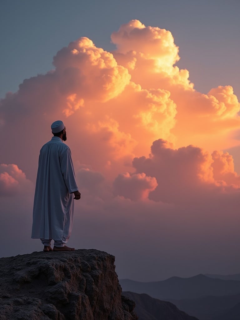 Image depicts Muslim man dressed in traditional white attire standing on a mountain edge. Man gazes into colorful sunset sky filled with vibrant fluffy clouds. Scene evokes feelings of hope and tranquility amidst rugged landscape.