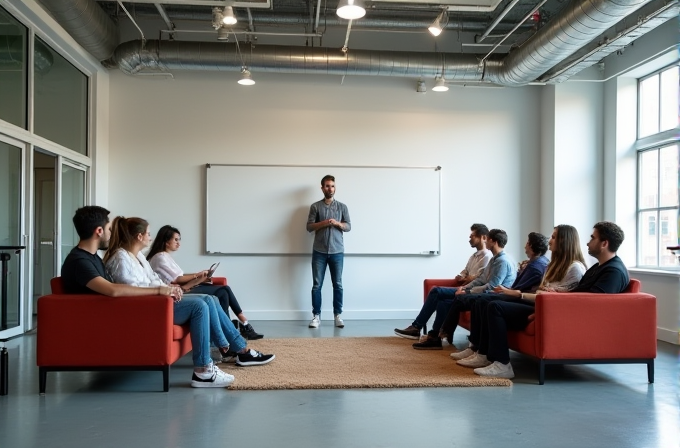 A group of people seated on red sofas attentively listening to a person standing in front of a whiteboard in a well-lit, industrial-style meeting room.