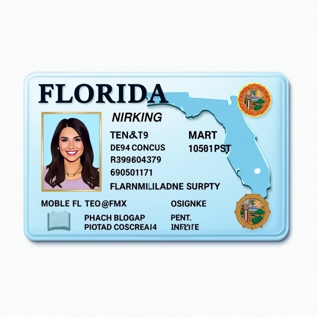 Image shows a realistic Florida driver's license. Features personal details, unique ID number, and state logos. Color scheme is light blue with gold accents. Standard design layout of state-issued ID. Organized and easy to read.