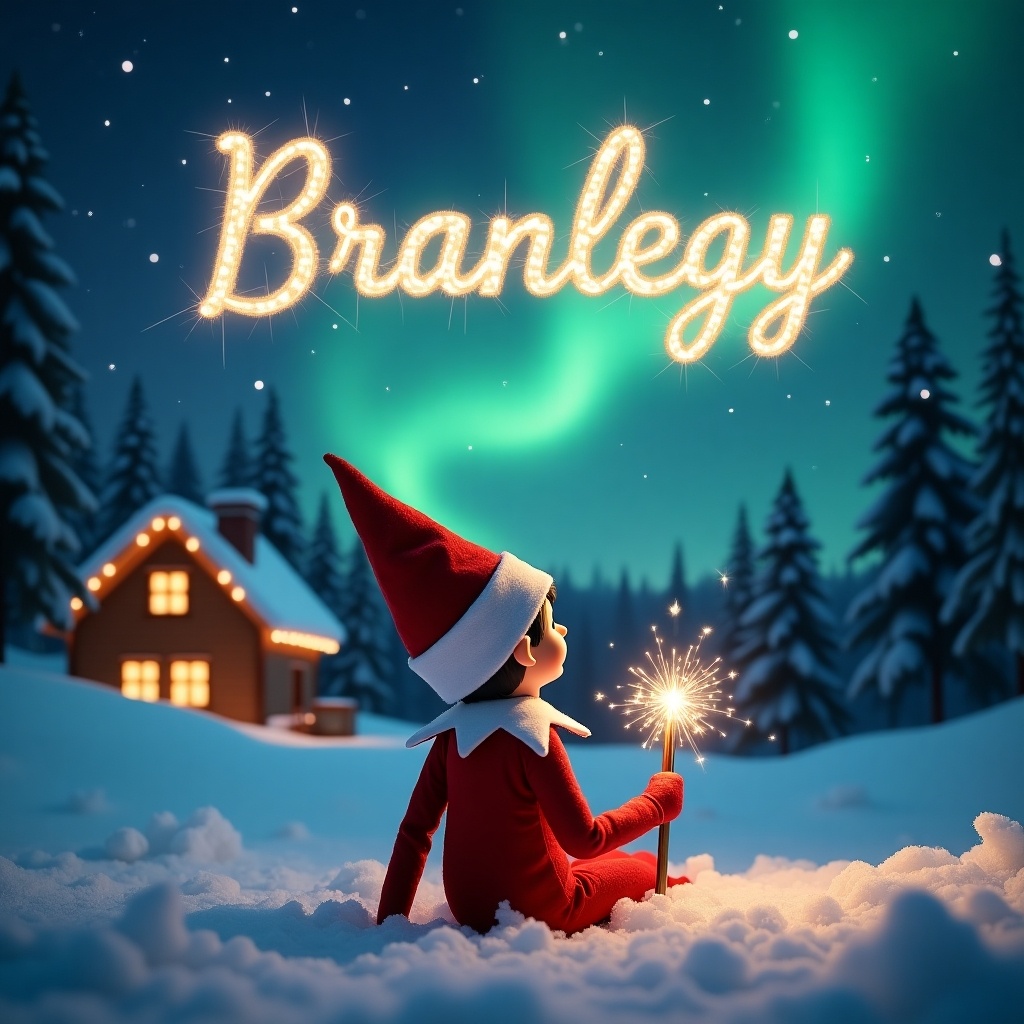 An elf on the shelf is depicted sitting on snowy ground, facing away from the viewer while gazing at the night sky. He is holding a shimmering magic wand that lights up the surroundings. Above the elf is the name 'Branleigh' written in elegant, sparkling letters. The magical backdrop features vibrant northern lights illuminating the landscape. A cozy cabin is visible in the background, adding to the enchanting scene. The entire atmosphere radiates warmth and embodies the essence of Christmas.