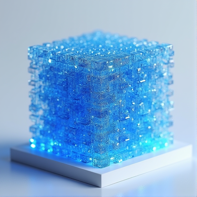 A glowing blue crystal cube composed of interlocking facets, placed on a white platform, exuding a radiant and intricate appearance.