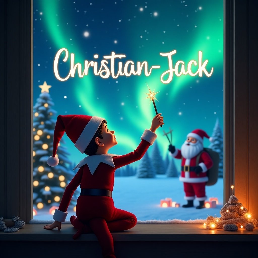 Elf on the shelf sitting with back facing, looking at the sky, using a wand to write in the atmosphere, featuring a magical Christmas setting with northern lights and Santa Claus, writing the name 'Christian-Jack' in the air, depicted in a whimsical style.