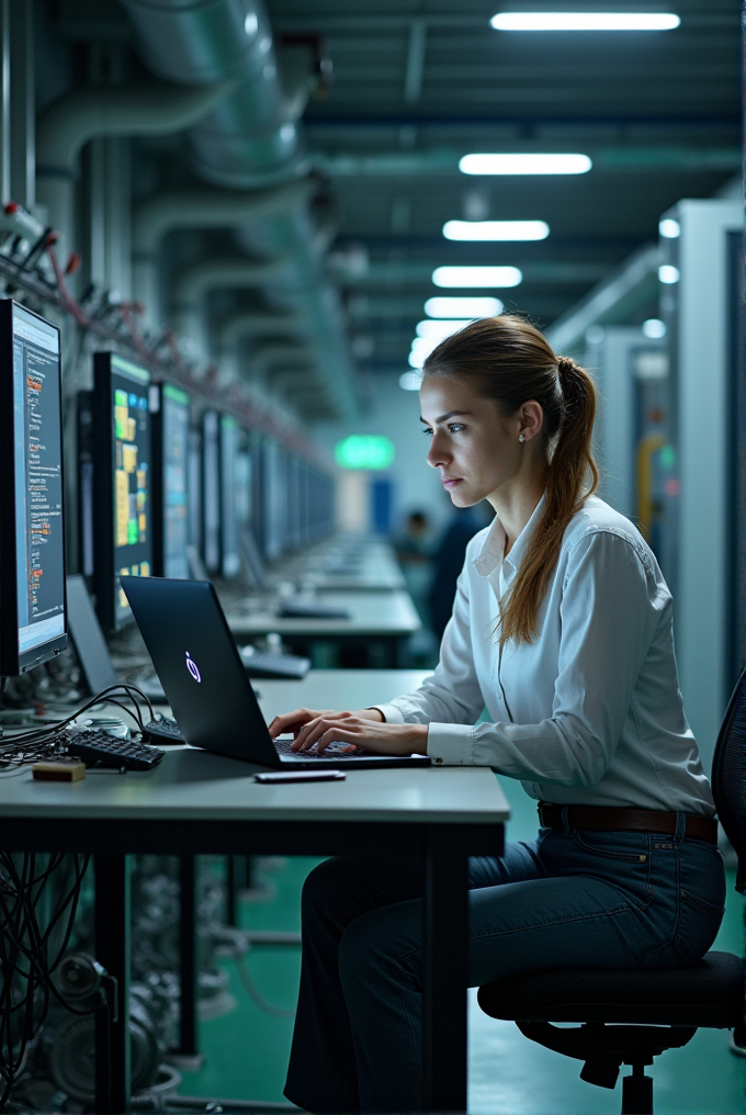 A woman works intently on a laptop in a modern, high-tech data center surrounded by a row of screens displaying code.