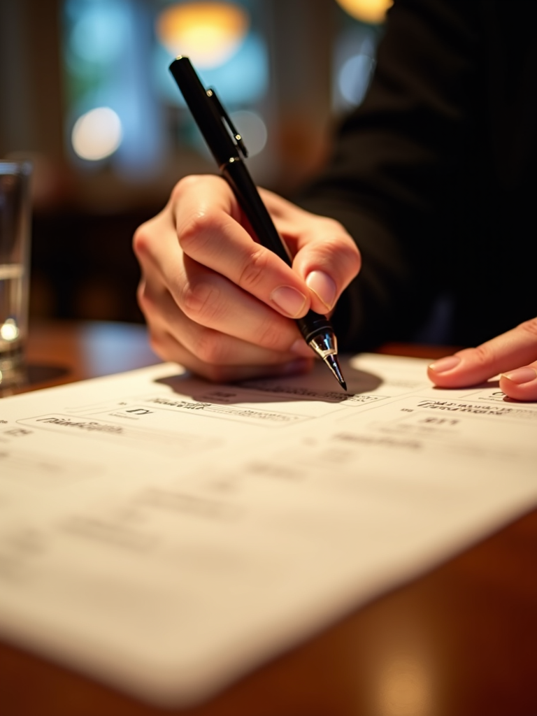 A person is filling out a detailed form with a pen on a wooden table, in a softly lit indoor setting.