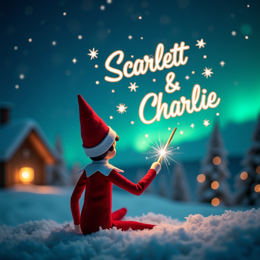 The scene depicts an Elf on the Shelf character with its back to the viewer, sitting in the snow and gazing upwards. It is using a magic wand to write the names 'Scarlett & Charlie' in the sky. The background is a beautiful, magical Christmas setting, highlighted by the northern lights and a cozy cabin. Sparkles around the writing enhance the enchanting atmosphere. The overall feeling is festive and whimsical, perfect for the holiday season.