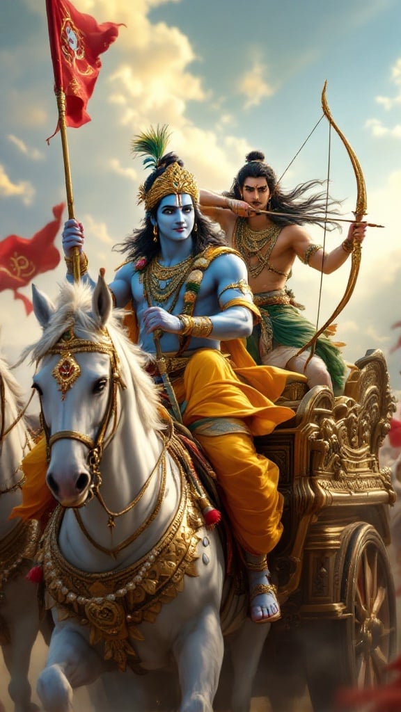 Ultra-HD 4K hyper-realistic depiction of Krishna and Arjun on a grand chariot. Krishna with radiant blue skin holding golden reins. Chariot pulled by white horses with decorations. Krishna wearing golden crown with jewels and peacock feather. Arjun stands behind, pulling back bowstring with arrow. Intricately designed chariot with carvings and red flag. Vibrant battlefield background with dynamic sky. Rich cinematic lighting and vibrant colors.