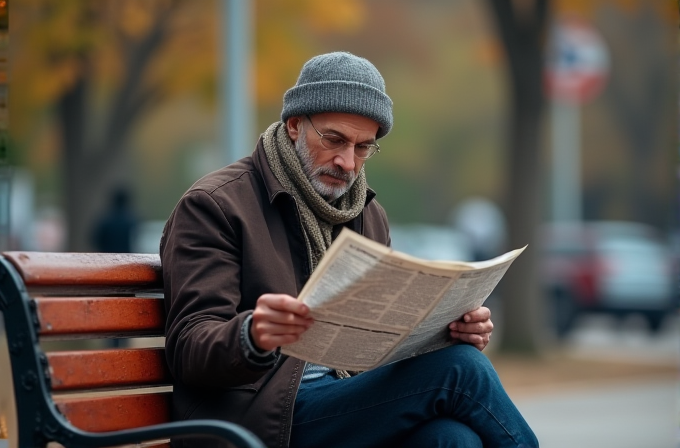 A man wearing a hat and scarf is reading a newspaper on a park bench in the fall.