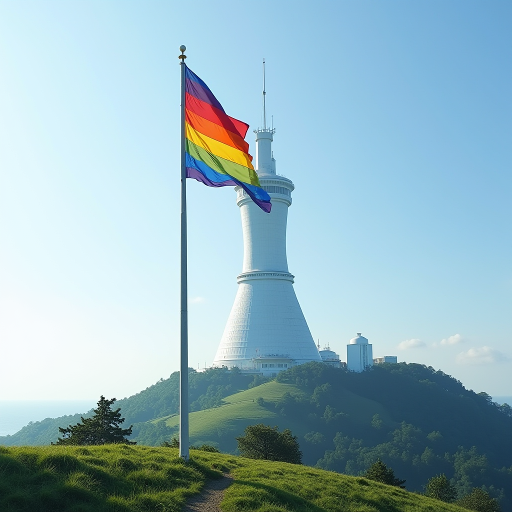 A vibrant rainbow flag waves proudly on a lush hilltop with a futuristic tower in the background.