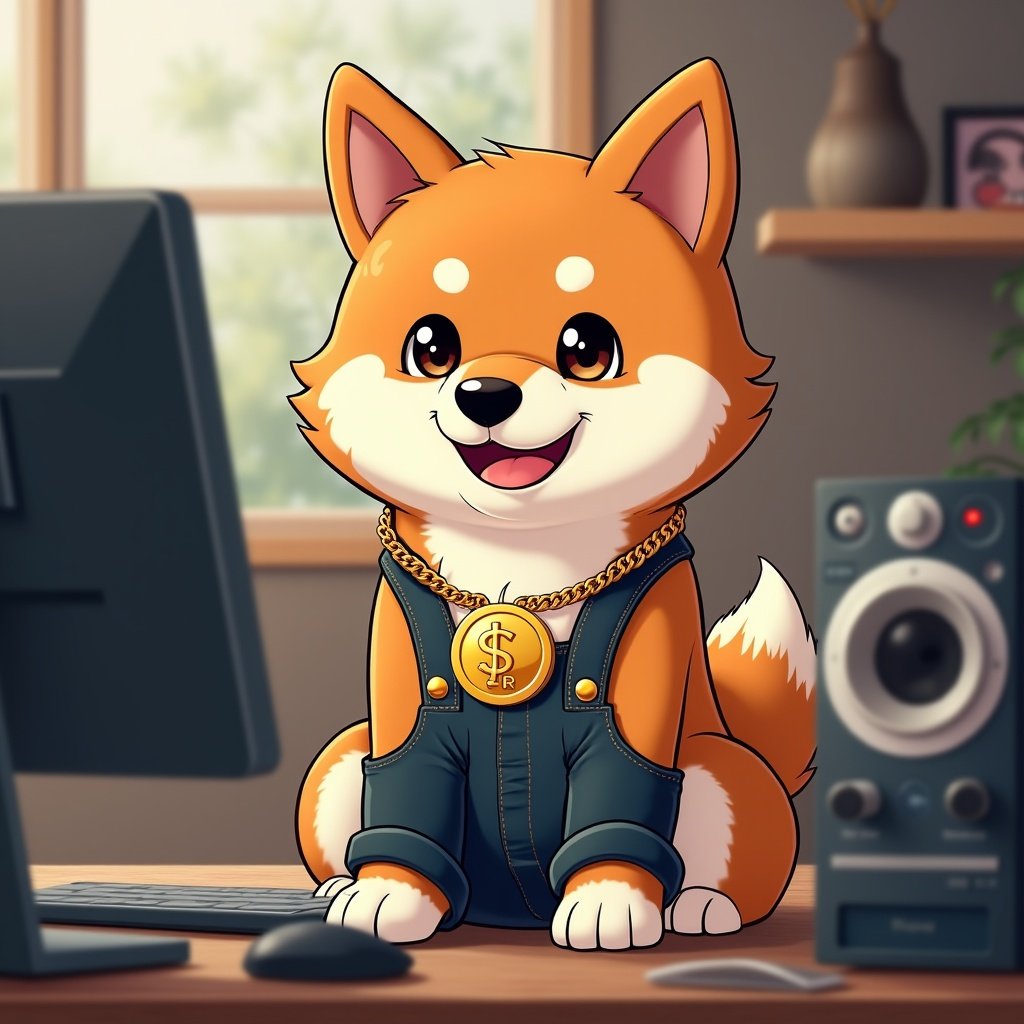 Cartoon shiba inu dog wearing luxurious overalls. Dog has a $TRP coin gold chain necklace. Sitting in front of a computer. Surrounded by electronic devices.