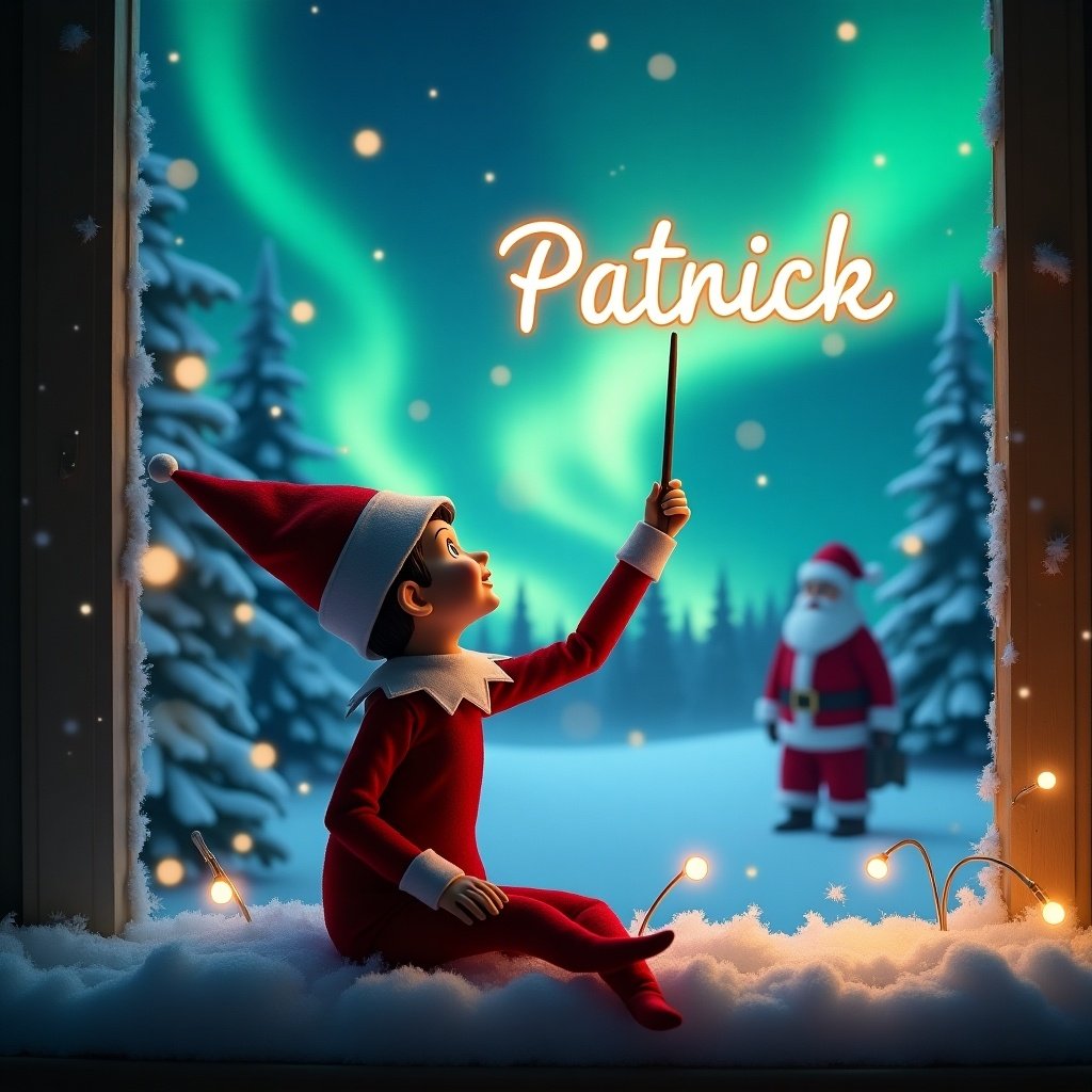 An elf on the shelf sits gazing upwards. It uses a wand to write the name 'Patrick'. The background has northern lights and Santa Claus. Snow covers the ground creating a winter wonderland. This scene captures holiday joy.