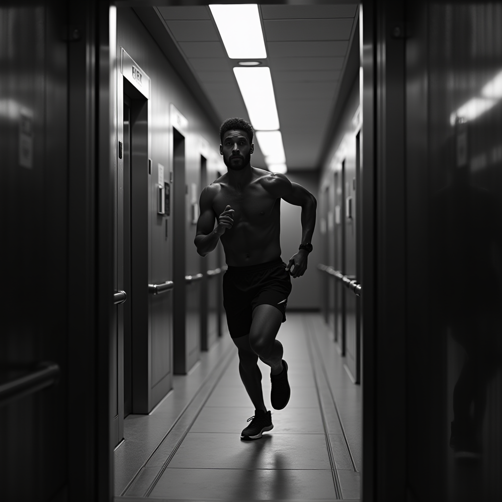 A shirtless man jogs down a dimly lit hallway, showcasing determination and focus.