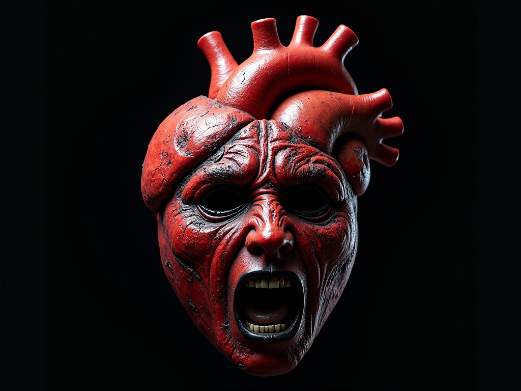 A surreal and striking image combines a human heart with a face expressing anguish, set against a black background. The heart is vividly detailed, with anatomical features transforming into facial contours, and the expression suggests deep emotional or physical pain. The use of shadow accentuates the face and emphasizes the dramatic texture and form.