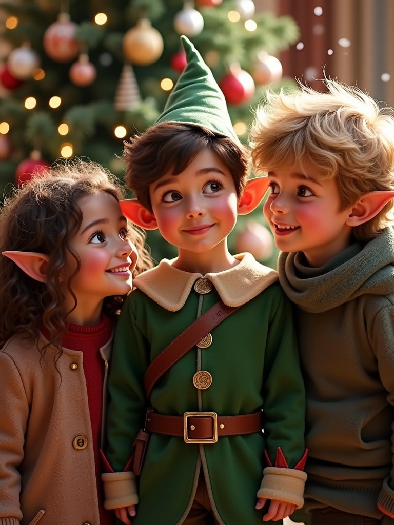 Children celebrate Christmas season. One child dressed as elf. Girl has curly brown hair. Boy has wavy blonde hair. Background with Christmas tree and lights.