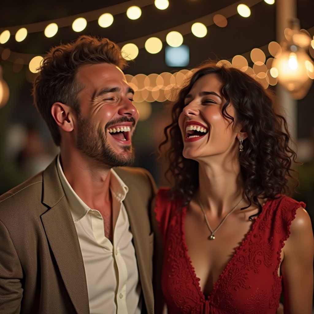 This image depicts a couple enjoying a vibrant evening together. They are laughing and singing, showcasing genuine joy and connection. The background is lit with warm, soft lights, creating a festive atmosphere. The woman wears a striking red dress, while the man appears in a stylish beige suit. Their expressions reflect happiness and affection as they enjoy each other's company in a social setting.