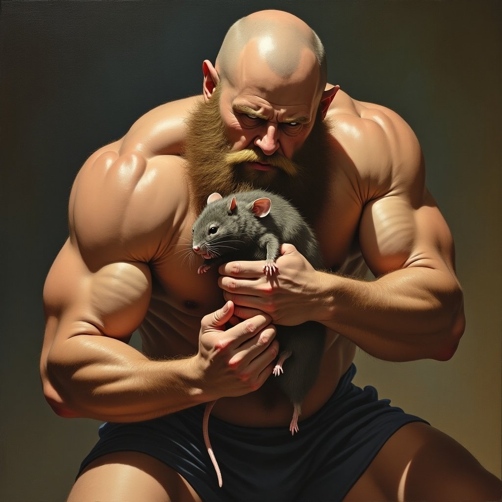 A dramatic painting shows a muscular man with a shaved head wrestling an oversized mouse. The man has well-defined muscles and shiny skin. The painting has a political art style.